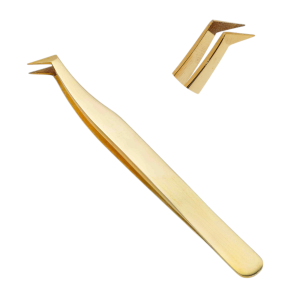 Fiber Tip L Shape Eyelash Tweezers Gold